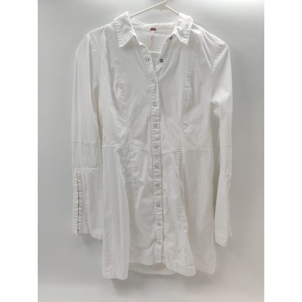 Free People White Denim Snap Front Mini Dress Long Sleeve Hook Cuff XS